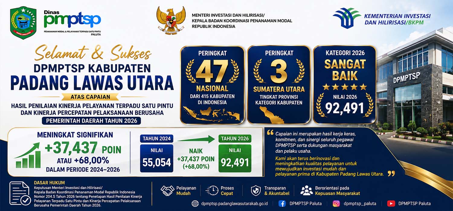 DPMPTSP Kabupaten Padang Lawas Utara Raih Peringkat 47 Nasional, Naik Signifikan dalam Penilaian Kinerja PTSP Tahun 2026